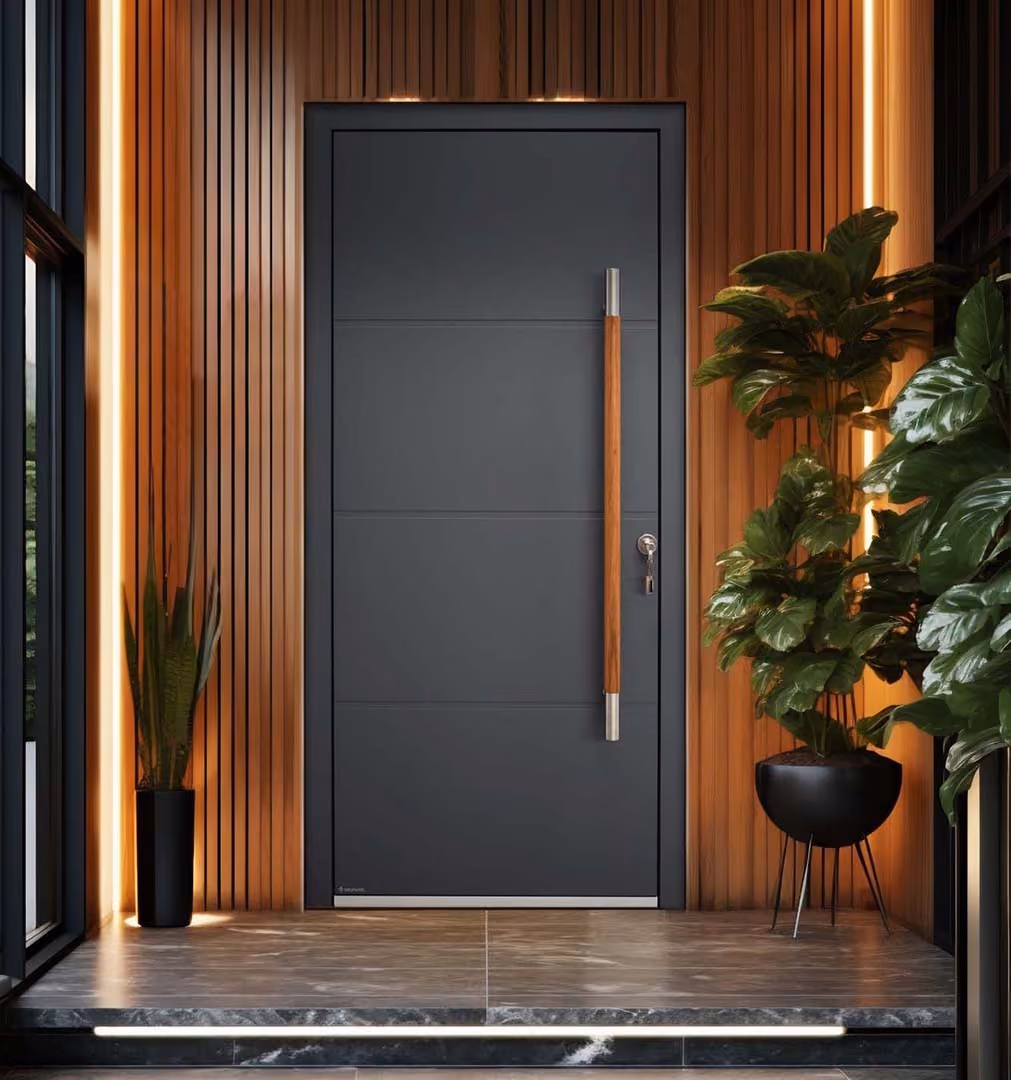 Porte aluminium anthracite dans une entrée habillée de bois