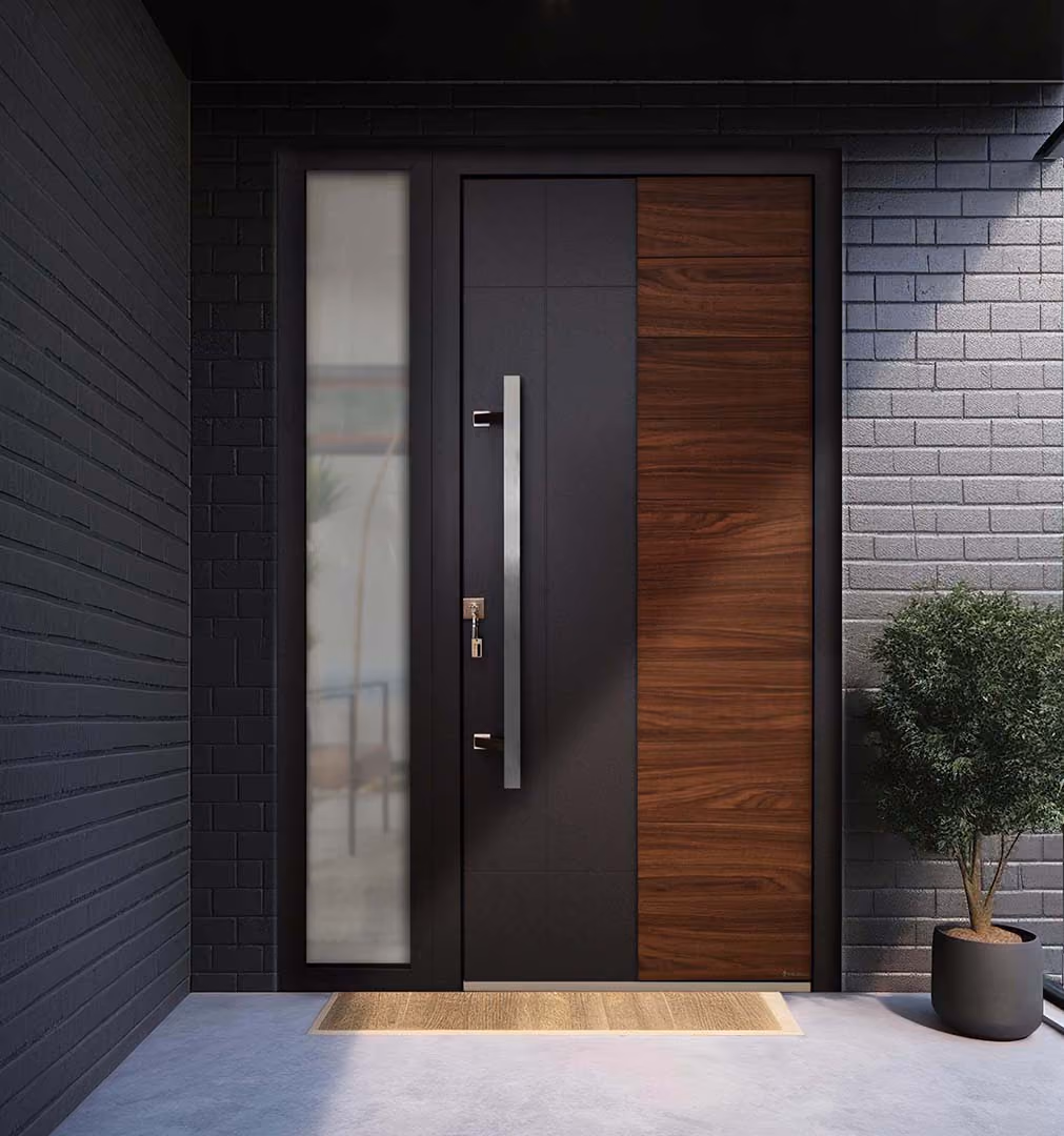 Porte aluminium anthracite avec inserts bois et vitrages latéraux