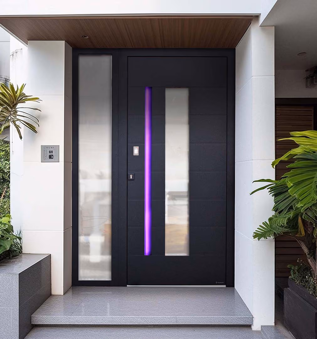 Porte noire graphique avec vitrages verticaux