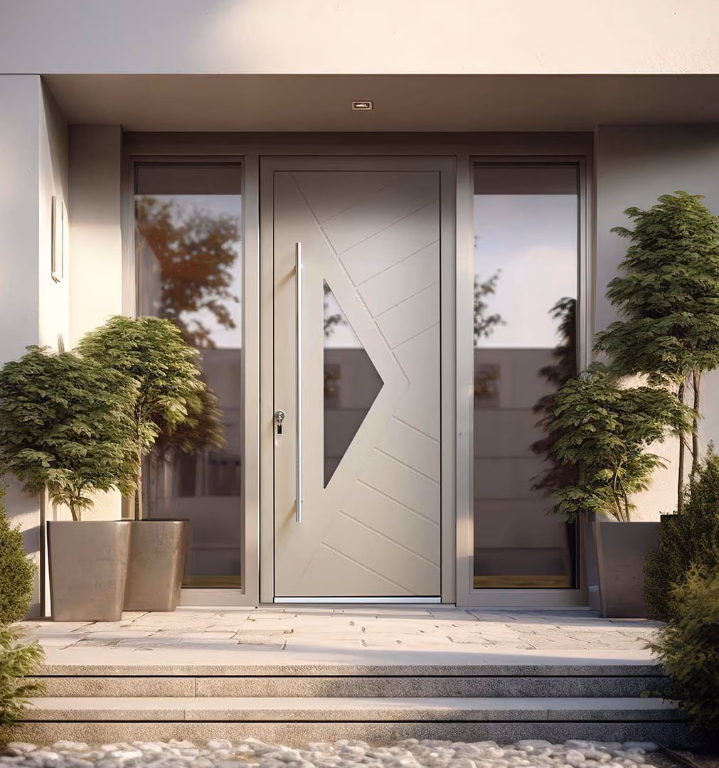 Porte aluminium effet bois dans une façade sombre
