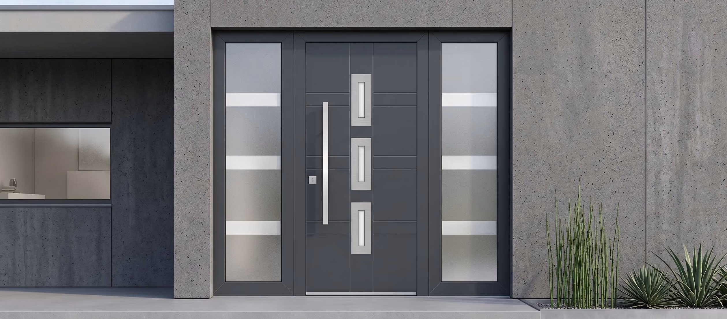 Porte aluminium personnalisée avec vitrages latéraux dans une façade contemporaine