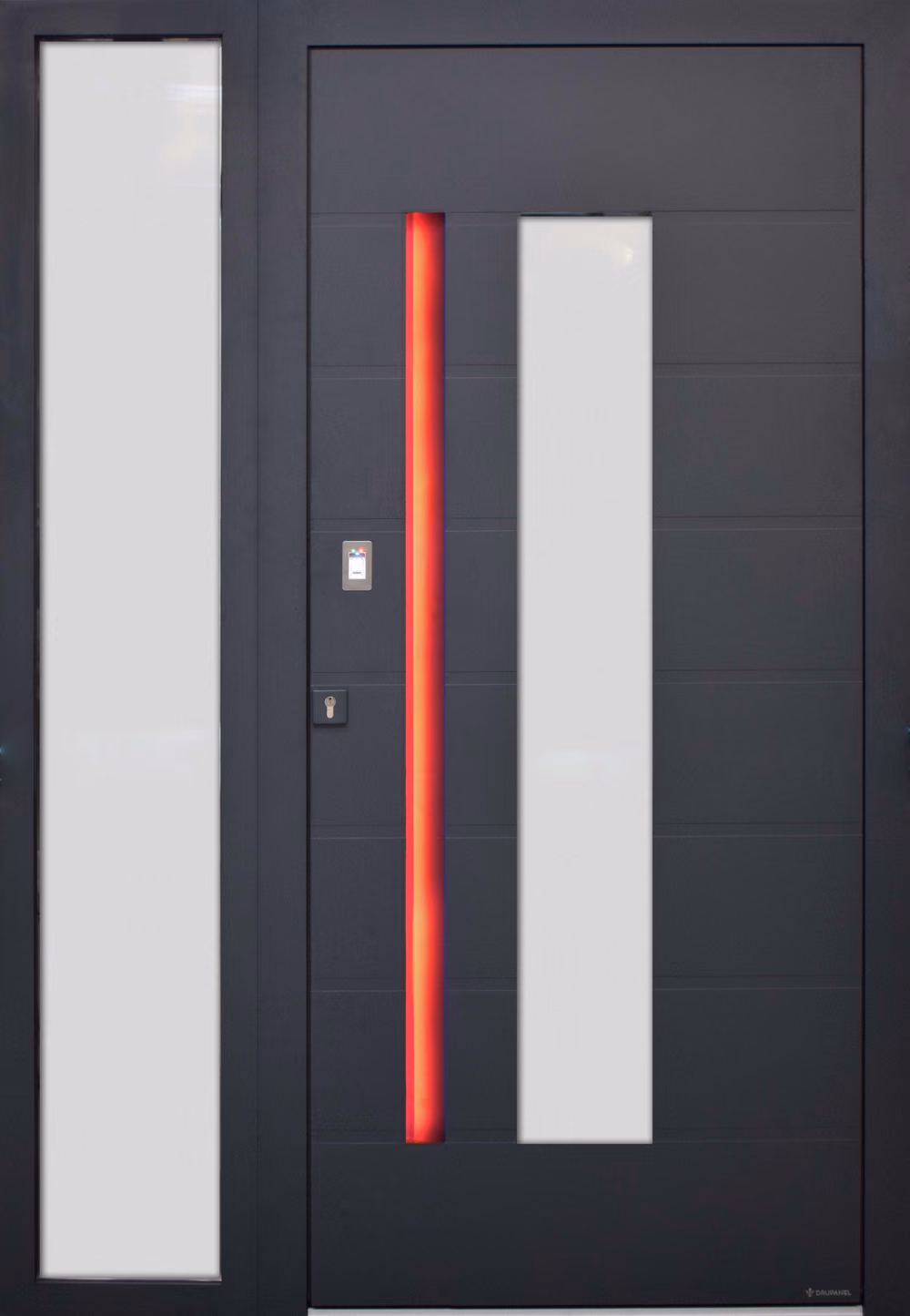 Porte aluminium avec poignée, vitrage et système d’accès moderne